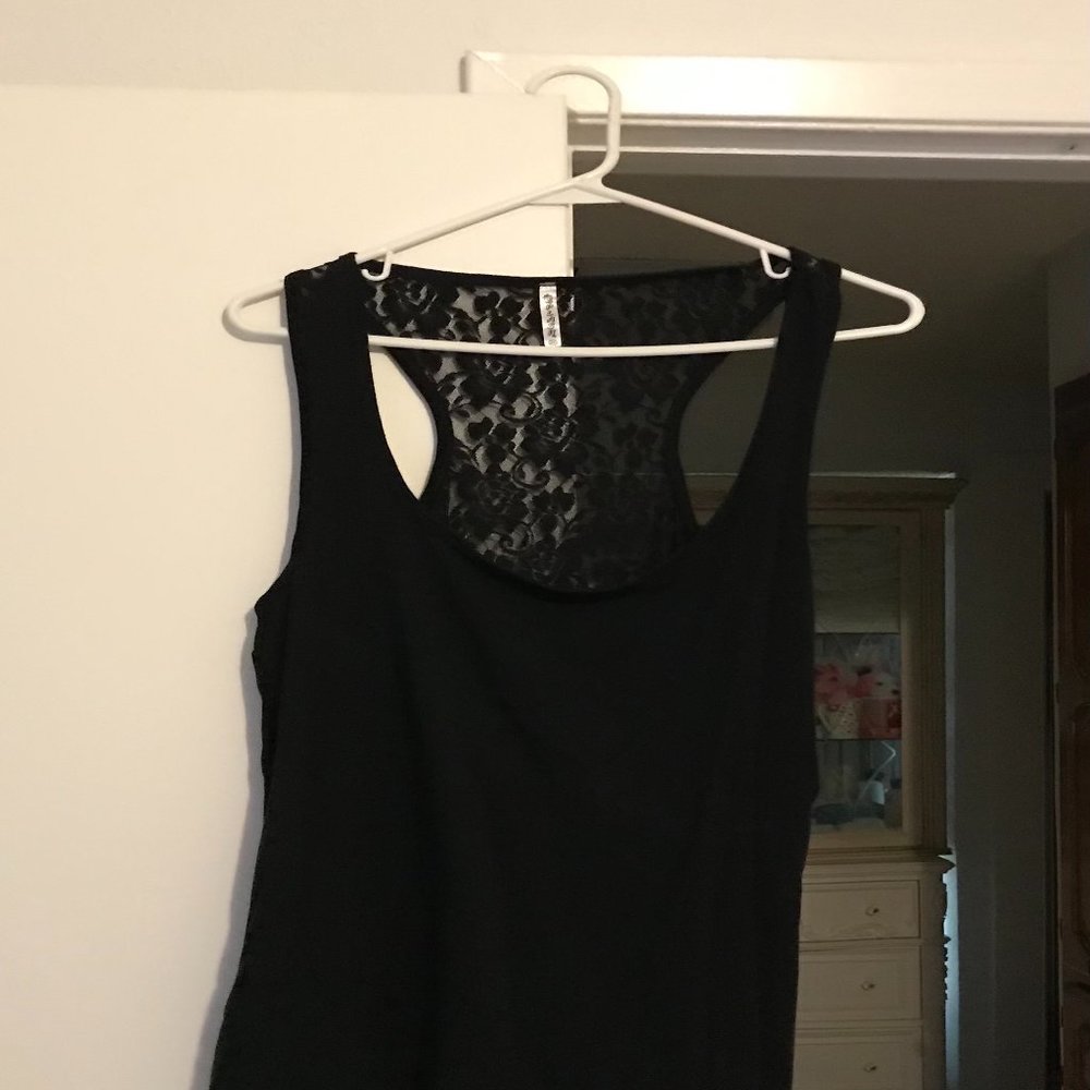SPLASH 3X black racer back tank top, solid in front, lace in back, stretchy.